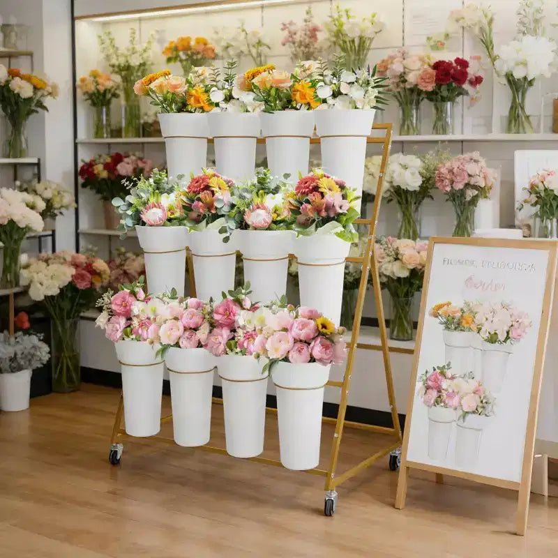Présentoir à fleurs métallique à 3 niveaux avec 12 seaux, Support à plantes mobile avec roues, Utilisation intérieure et extérieure pour jardin, patio, mariage, fleuriste