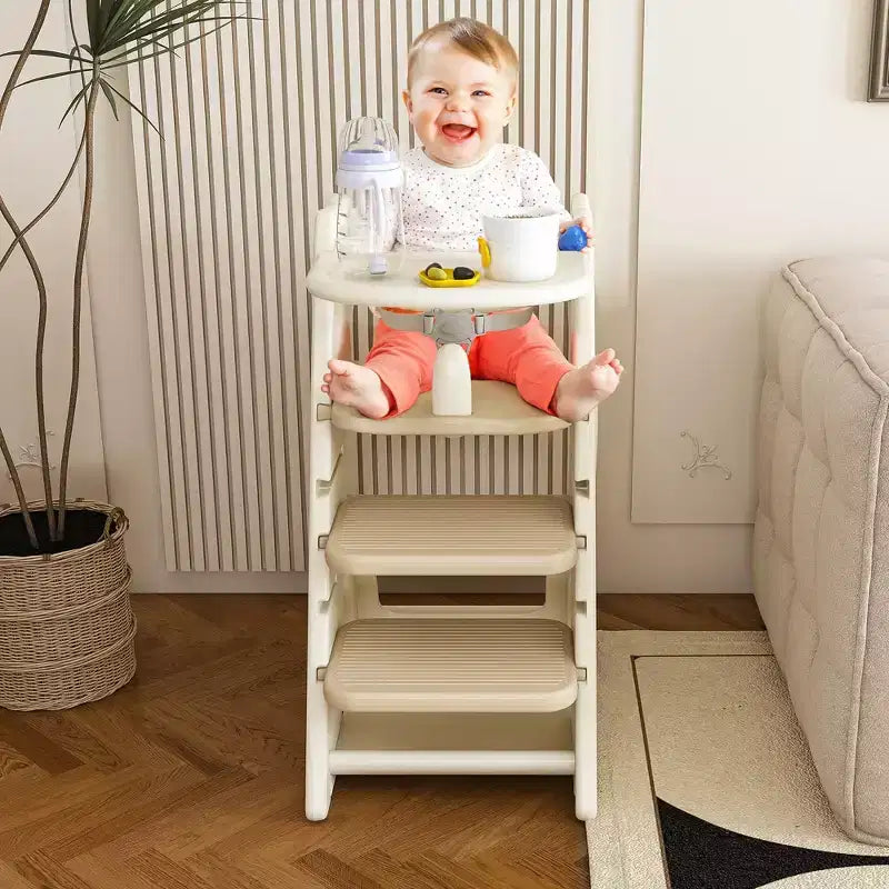 Chaise haute 3 en 1 réglable en hauteur pour enfant avec harnais 5 points et plateau amovible, Blanche