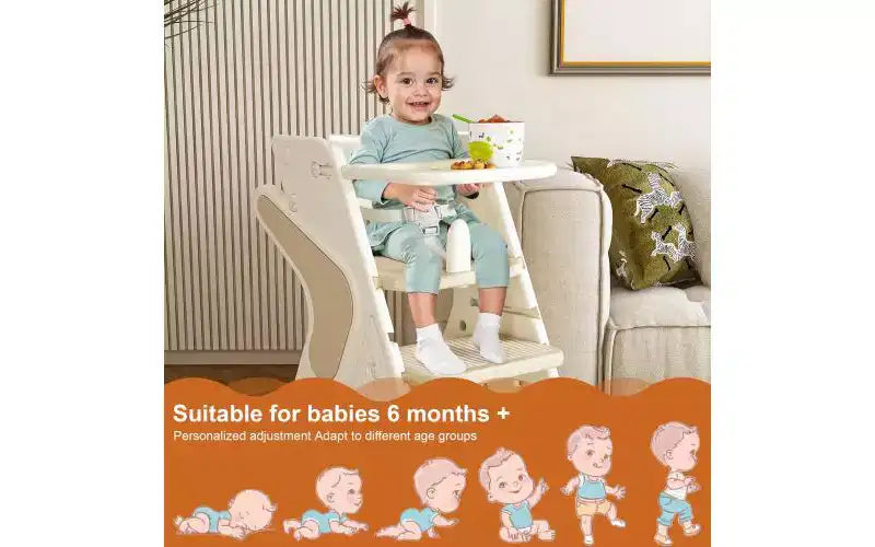 Chaise haute 3 en 1 réglable en hauteur pour enfant avec harnais 5 points et plateau amovible, Blanche