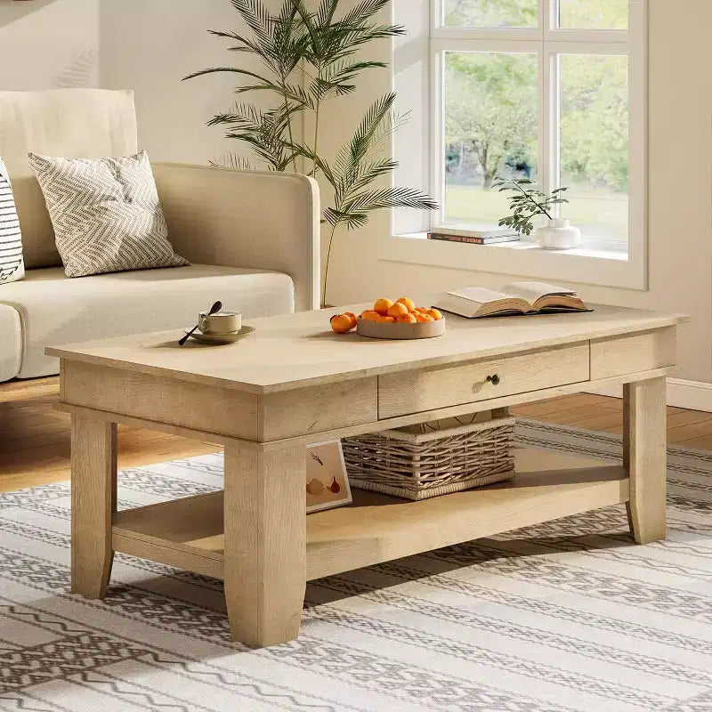 Grande table basse en bois avec tiroir et étagère de rangement ouverte, Noyer ou Chêne clair
