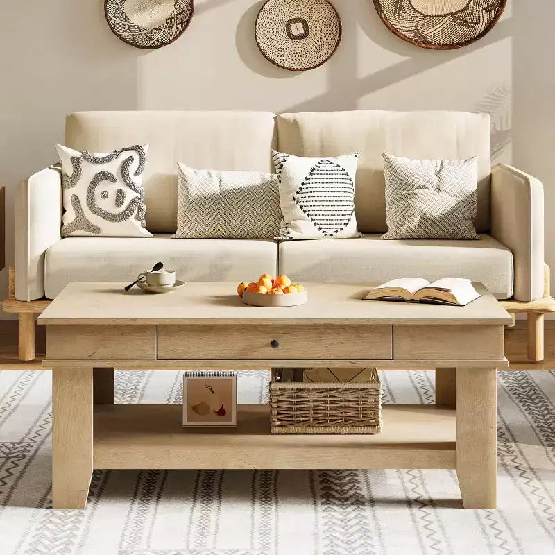 Grande table basse en bois avec tiroir et étagère de rangement ouverte, Noyer ou Chêne clair