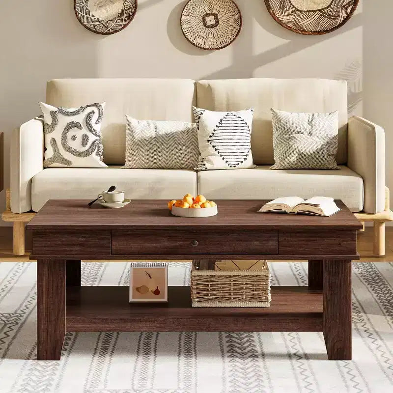 Grande table basse en bois avec tiroir et étagère de rangement ouverte, Noyer ou Chêne clair