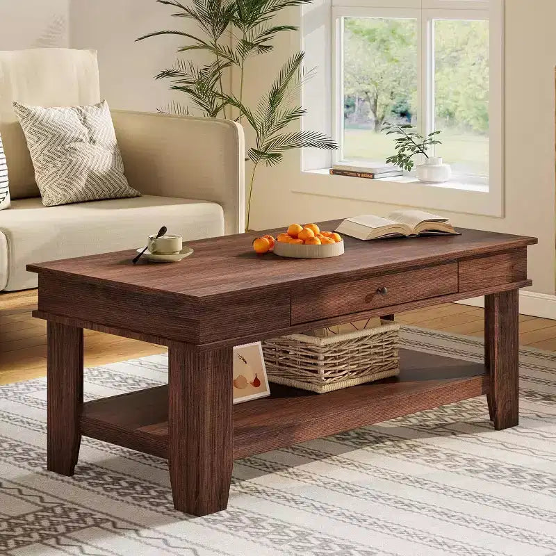 Grande table basse en bois avec tiroir et étagère de rangement ouverte, Noyer ou Chêne clair