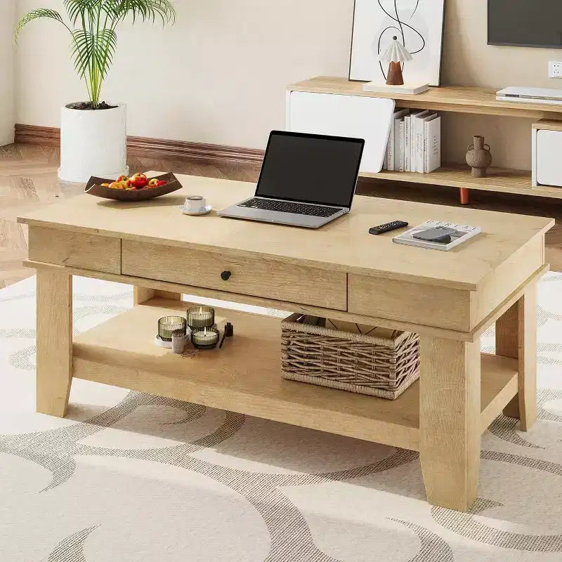 Grande table basse en bois avec tiroir et étagère de rangement ouverte, Noyer ou Chêne clair