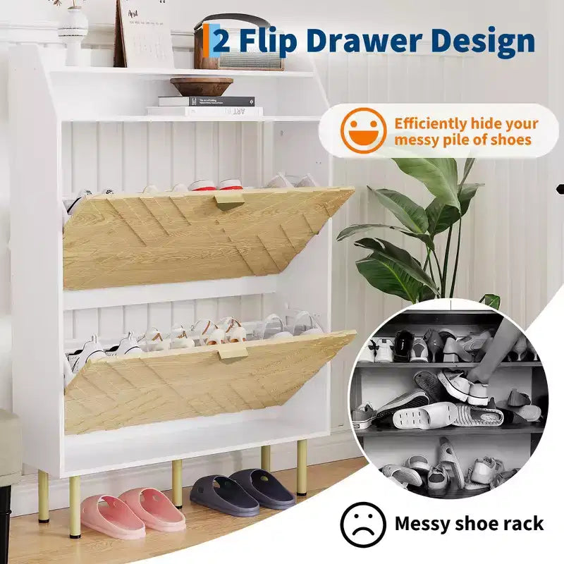Meuble à chaussures, Meuble d'entrée 45H 2 tiroirs basculants Armoire en bois Blanc+Bois Rangement caché 31.1W x 9.1D