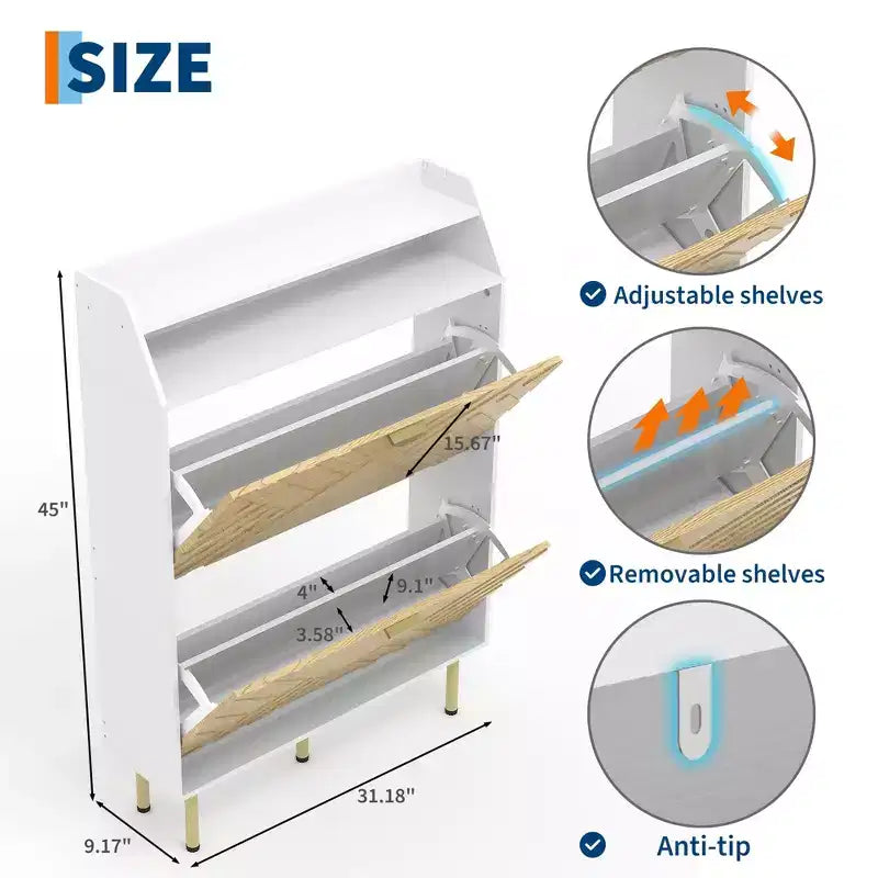 Meuble à chaussures, Meuble d'entrée 45H 2 tiroirs basculants Armoire en bois Blanc+Bois Rangement caché 31.1W x 9.1D