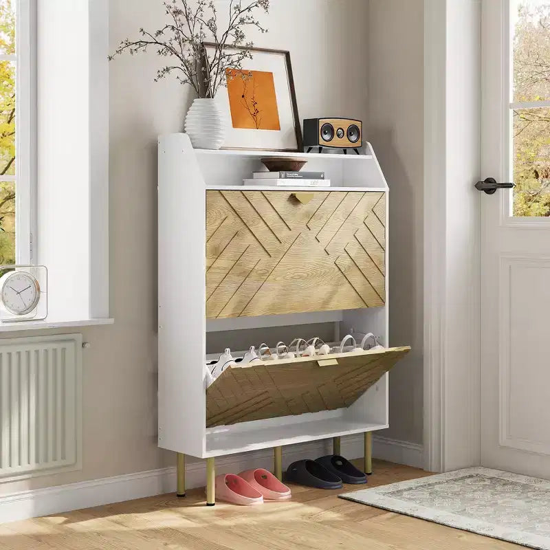 Meuble à chaussures, Meuble d'entrée 45H 2 tiroirs basculants Armoire en bois Blanc+Bois Rangement caché 31.1W x 9.1D