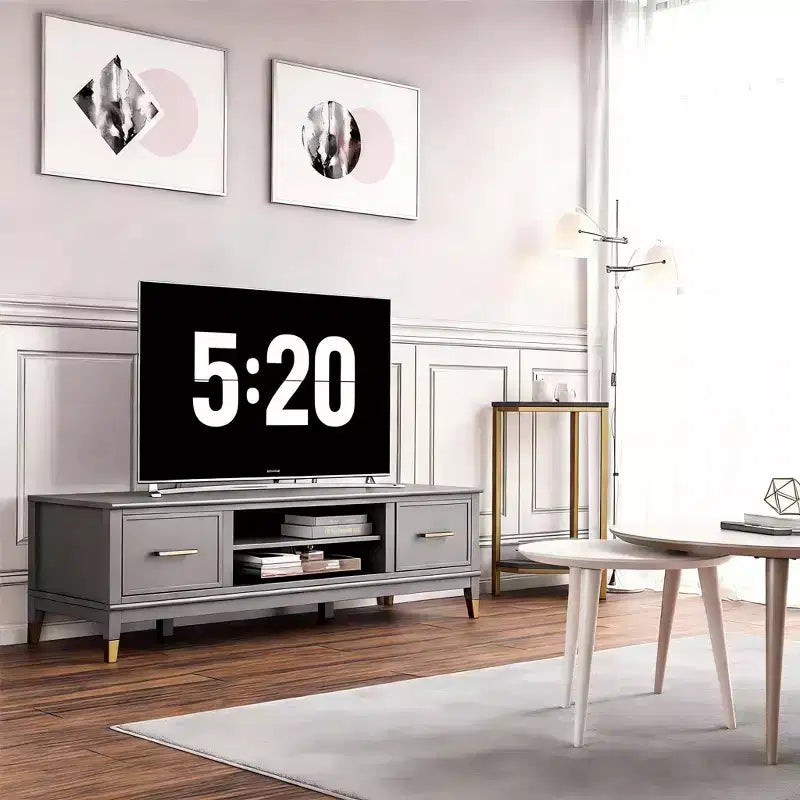 Meuble TV moderne de 151 cm pour téléviseurs de 65 po – Deux portes et rangement central, gris foncé