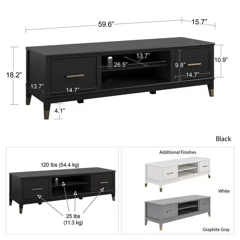 Meuble TV moderne de 151 cm pour téléviseurs de 65 po – Deux portes et rangement central, gris foncé