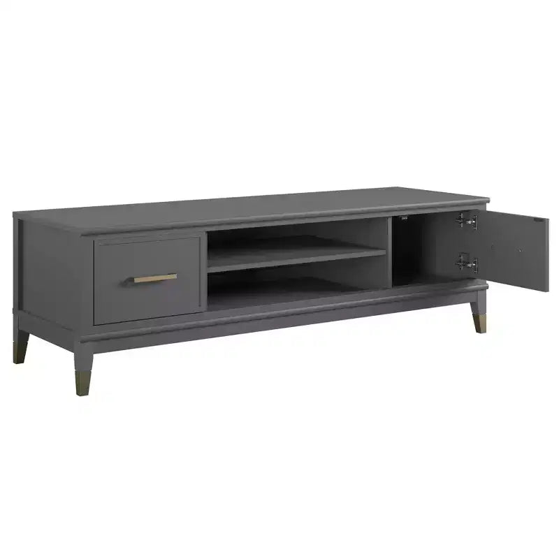 Meuble TV moderne de 151 cm pour téléviseurs de 65 po – Deux portes et rangement central, gris foncé