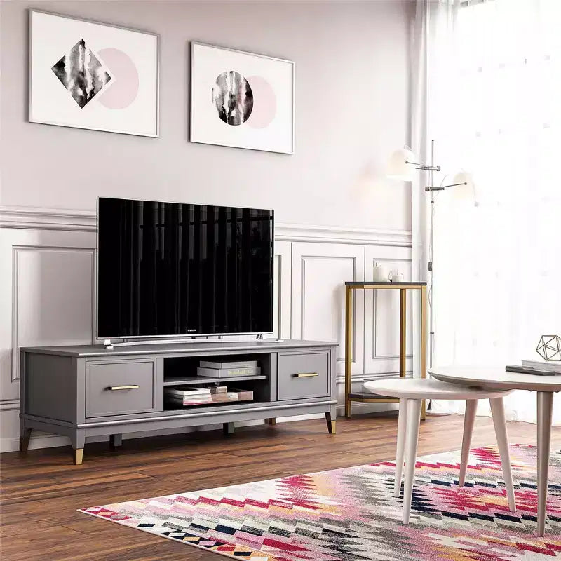 Meuble TV moderne de 151 cm pour téléviseurs de 65 po – Deux portes et rangement central, gris foncé