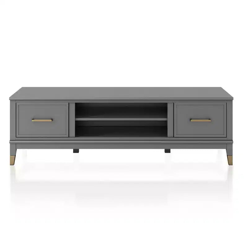 Meuble TV moderne de 151 cm pour téléviseurs de 65 po – Deux portes et rangement central, gris foncé