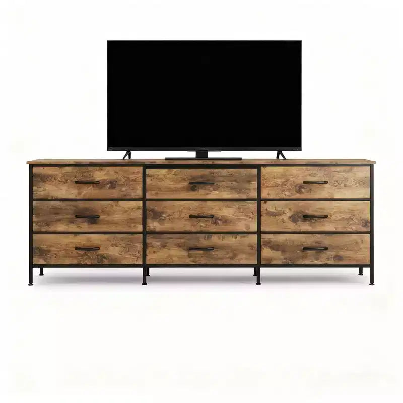 Meuble TV 63" avec 9 tiroirs en tissu – Console de rangement multimédia pour salon