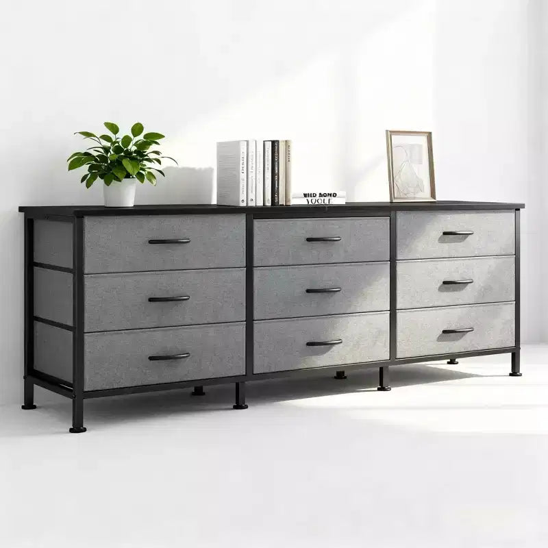 Meuble TV 63" avec 9 tiroirs en tissu – Console de rangement multimédia pour salon