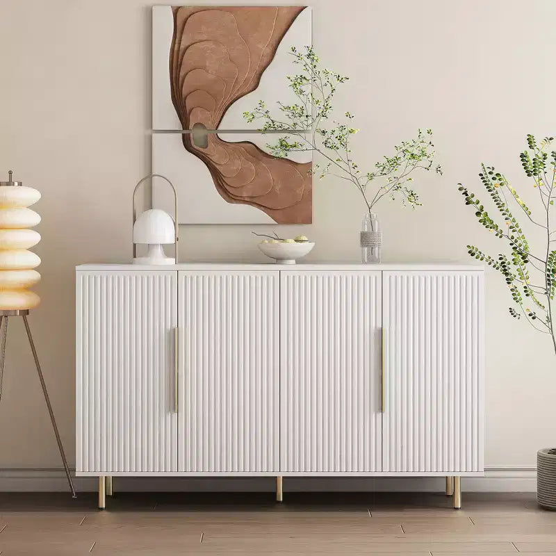 Meuble de rangement d'appoint, buffet de service, buffet de bar à café moderne du milieu du siècle avec portes à rayures verticales et étagères réglables