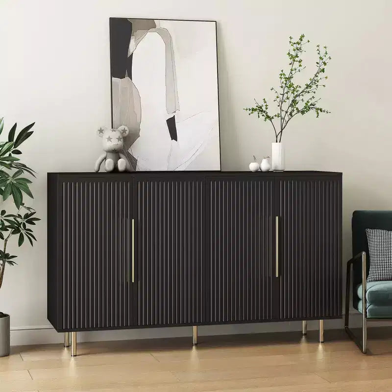 Meuble de rangement d'appoint, buffet de service, buffet de bar à café moderne du milieu du siècle avec portes à rayures verticales et étagères réglables