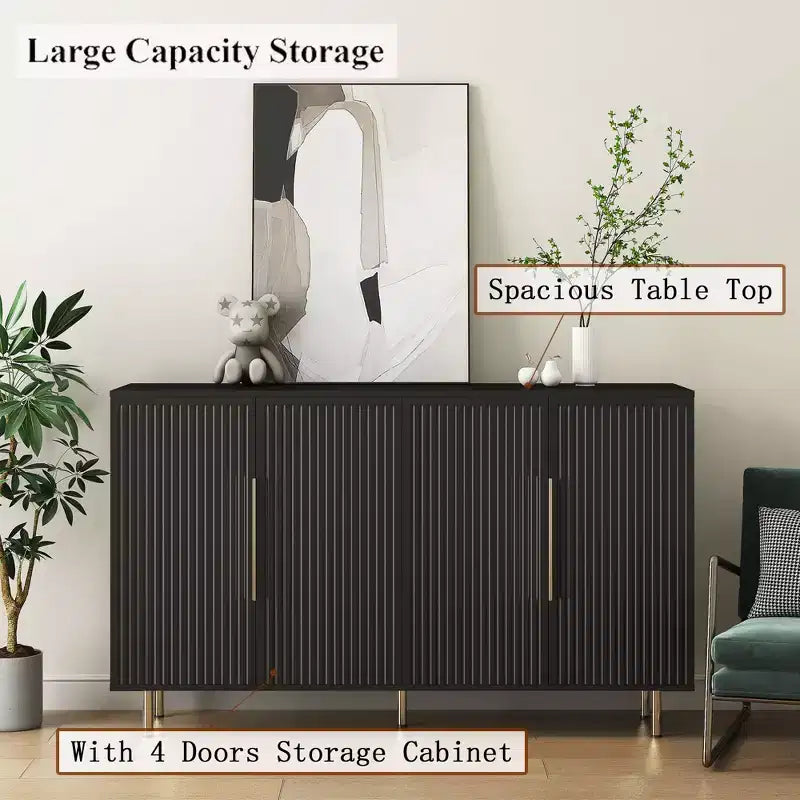 Meuble de rangement d'appoint, buffet de service, buffet de bar à café moderne du milieu du siècle avec portes à rayures verticales et étagères réglables