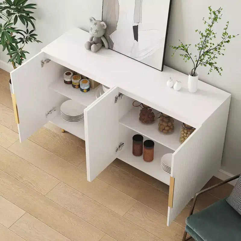 Meuble de rangement d'appoint, buffet de service, buffet de bar à café moderne du milieu du siècle avec portes à rayures verticales et étagères réglables