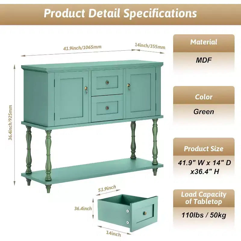 Table console avec 2 tiroirs et 2 portes, table d'entrée en bois de style ferme de 106,7 cm avec étagère de rangement inférieure, meuble TV de rangement antique pour couloir