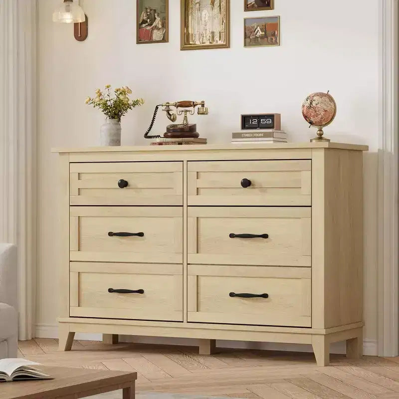 Commode 6 tiroirs pour chambre, commode de 119 cm de large avec rangement autonome, commode de rangement en bois pour salon, chambre, entrée