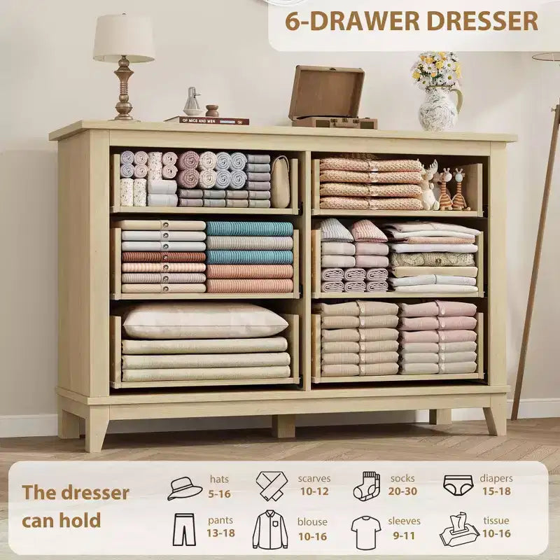 Commode 6 tiroirs pour chambre, commode de 119 cm de large avec rangement autonome, commode de rangement en bois pour salon, chambre, entrée