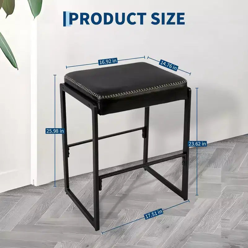 Tabouret de bar Mid-Century Modern, Cuir ciré avec surpiqûres décoratives, Coussin épais, Pieds réglables dissimulés