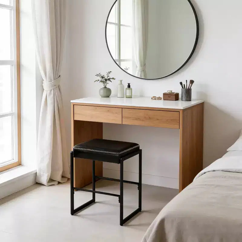 Tabouret de bar Mid-Century Modern, Cuir ciré avec surpiqûres décoratives, Coussin épais, Pieds réglables dissimulés