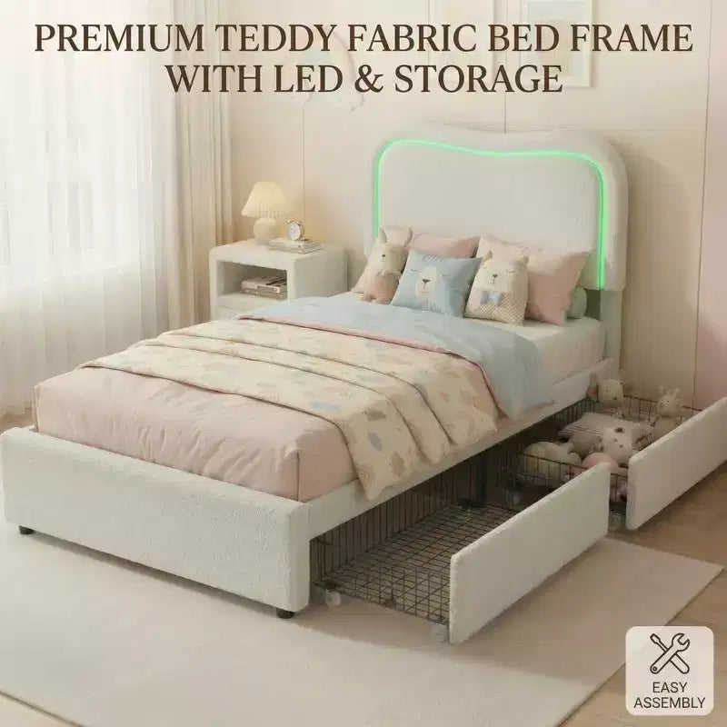 Cadre de lit avec 2 tiroirs de rangement, lit plateforme tapissé avec tête de lit LED, sommier tapissier non requis pour enfants, adolescents