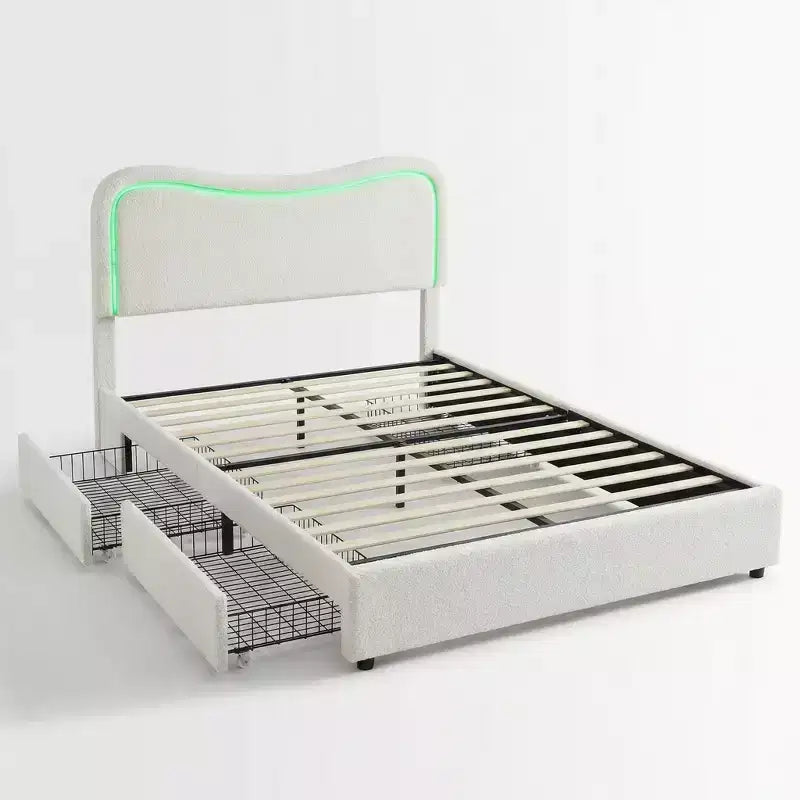 Cadre de lit avec 2 tiroirs de rangement, lit plateforme tapissé avec tête de lit LED, sommier tapissier non requis pour enfants, adolescents