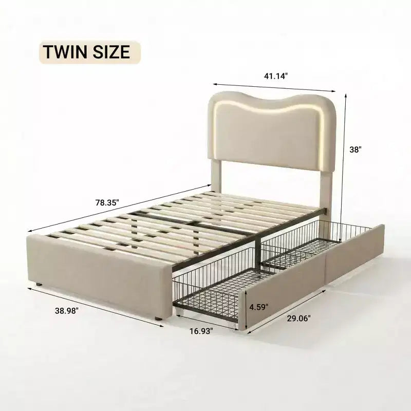 Cadre de lit avec 2 tiroirs de rangement, lit plateforme tapissé avec tête de lit LED, sommier tapissier non requis pour enfants, adolescents