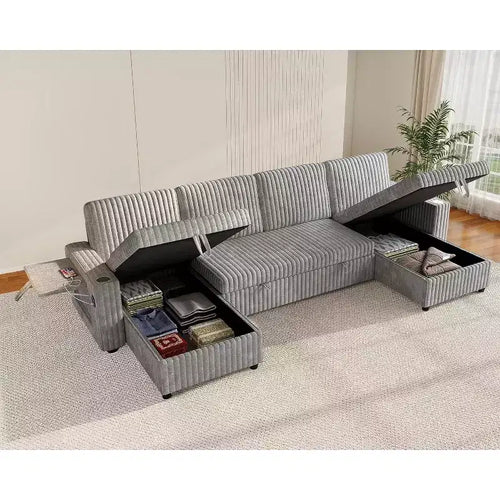 MooxvMoo 122 U-Shaped Convertible Sleeper Sofa with Storage, Adjustable Backrest, Side Table, USB Ports & Cup Holders, Grey