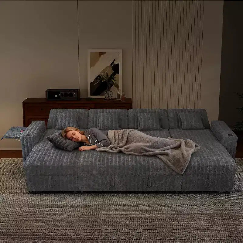Canapé-lit convertible d'angle en U de 310 cm avec rangement, ports USB et porte-gobelets, gris