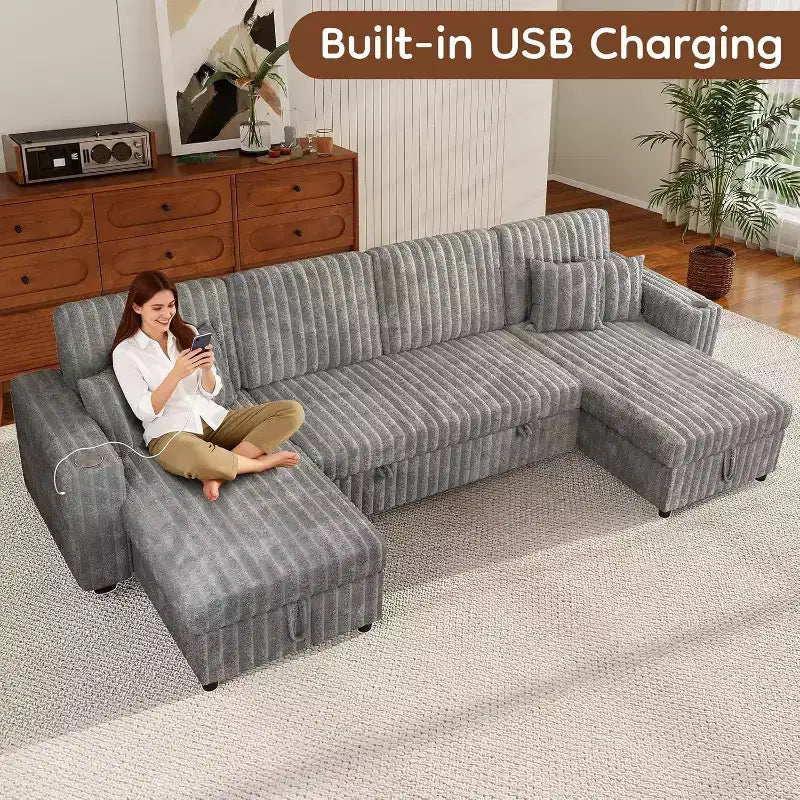 Canapé-lit convertible d'angle en U de 310 cm avec rangement, ports USB et porte-gobelets, gris