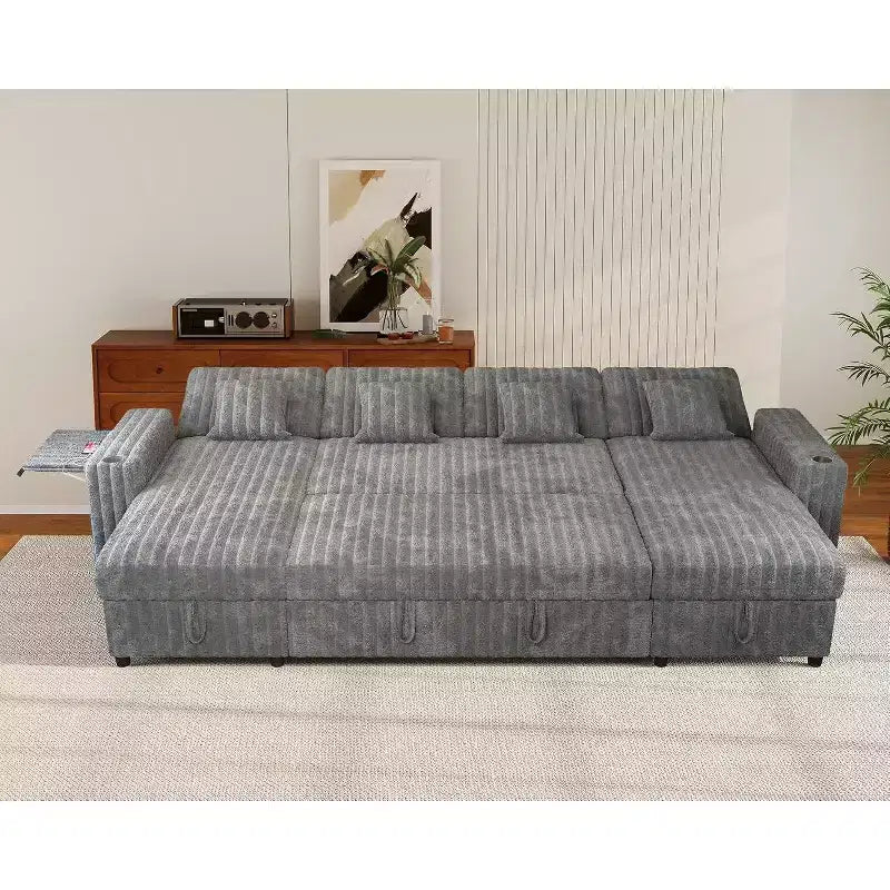 Canapé-lit convertible d'angle en U de 310 cm avec rangement, ports USB et porte-gobelets, gris