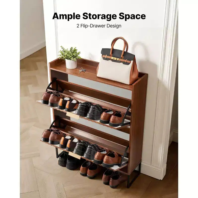 Meuble à chaussures Mid-Century avec 2 tiroirs basculants, design cannelé, anti-basculement, entrée étroite, noyer
