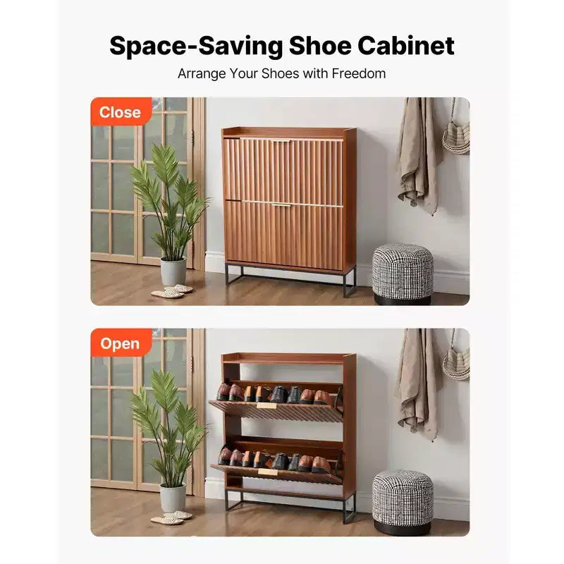 Meuble à chaussures Mid-Century avec 2 tiroirs basculants, design cannelé, anti-basculement, entrée étroite, noyer