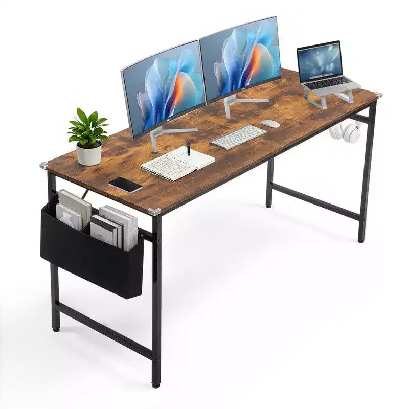 Bureau d'ordinateur de 160 cm avec rangements, crochets latéraux et pieds réglables